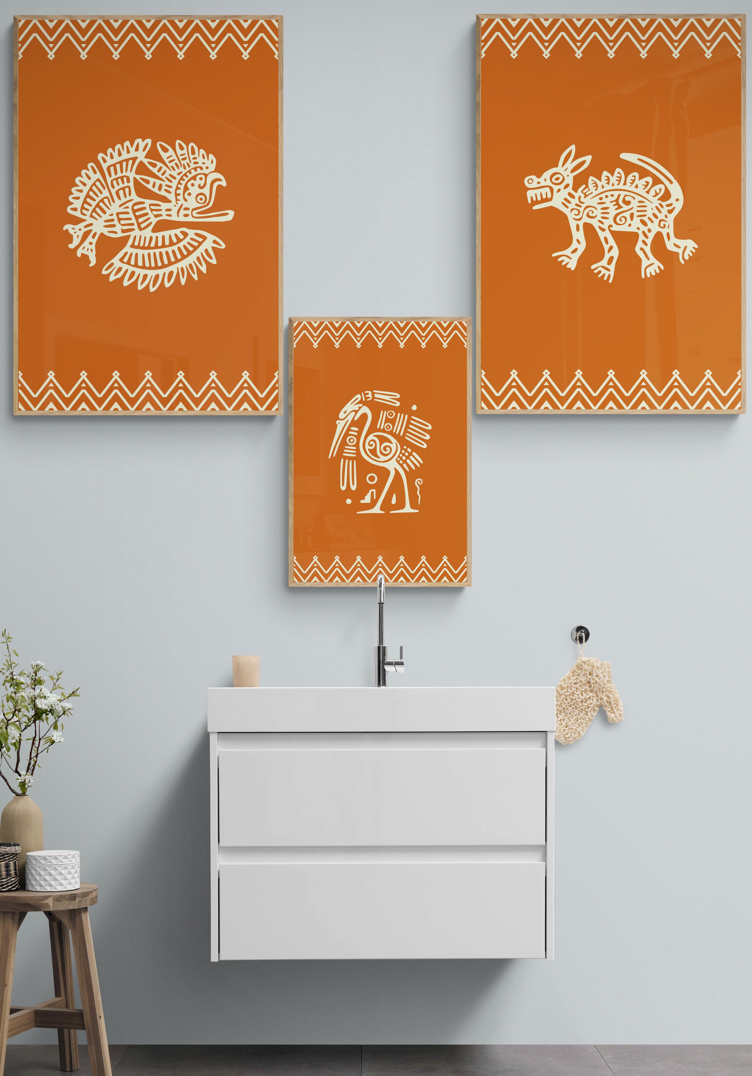 Desert Spirit Tribal Art Trio: Terracotta & White Bohemian Wall Decor