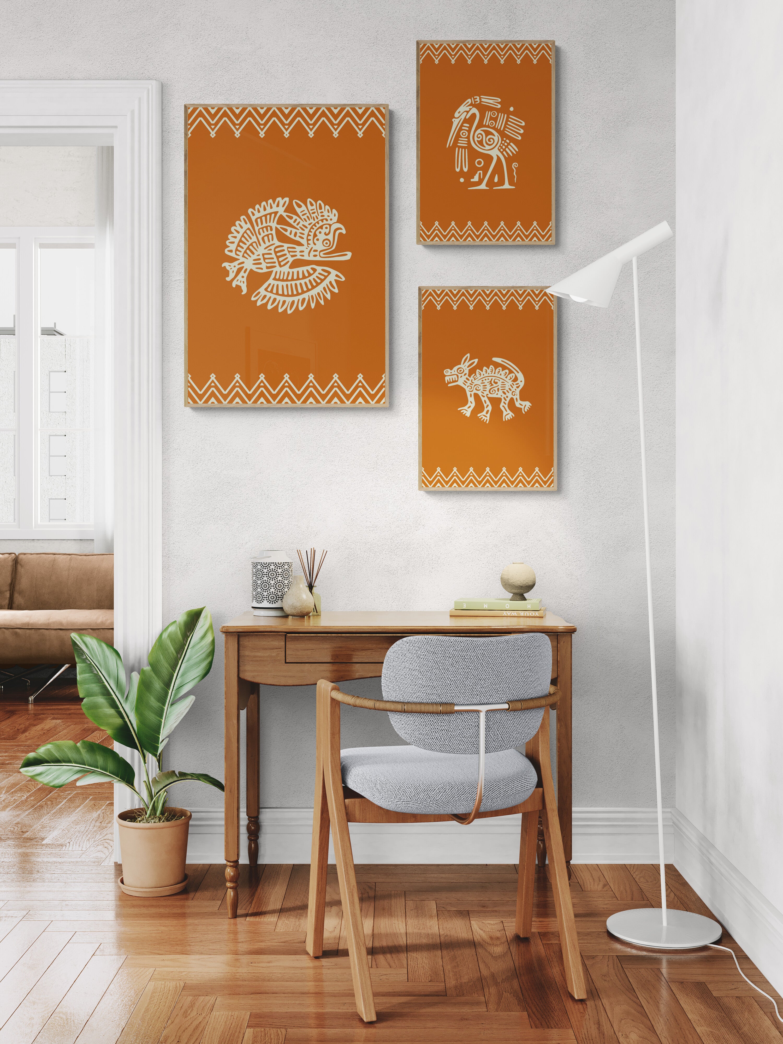Desert Spirit Tribal Art Trio: Terracotta & White Bohemian Wall Decor